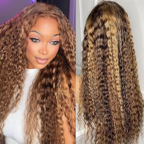 Image of LAINSS Highlight Ombre 13x6 Deep Wave Transparent Lace Front Wigs Human Hair P4 /27 Highlight Curly Wig 210% Density HD Lace Frontal Wigs Glueless Wigs Human Hair Pre Plucked with Baby Hair 20 Inch