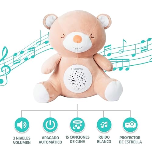 HuBorns - Peluche Musical Bebe con 3 Modos Ruido Blanco para Dormir y 15 Nanas, Luz Quitamiedos Infantil con Proyector de Estrellas y Galaxia, Regalo para Bebe Recién Nacidos Originales (Oso) - imagen 6