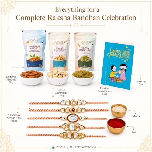 Image of Kaameri Bazaar Rakhshabandhan Gift Hamper for Brother - Combo with Dry Fruits - Rakhi for brother with Cashewnuts, Almonds, Raisins, Greeting Card and Roli Chawal Pack - Set of 5