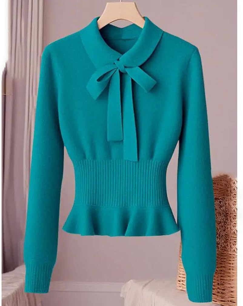 Women's Elegant Long Sleeve Knitted Sweater Waist Cinched Fashionable Pullover Sweater