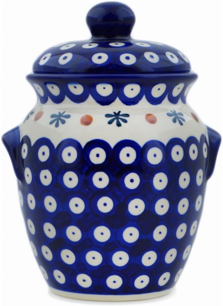 Polmedia Polish Pottery Jar with Lid and Handles - Mosquito Pattern Handmade in Boleslawiec Poland by Ceramika Bona + Certificate of Authenticity