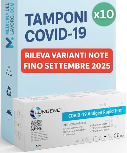 CLUNGENE – 10 Tamponi Covid 19 Rapido 2025 Nasale, Kit Rapido Tampone per l'Antigene SARS-COV-2, Validato Nuove Varianti 2025. Sensibilità 100% (2 Scatole da 5 pz), 10 Test Covid