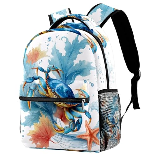 Sac à dos aquarelle crabe et algues bleu pour ordinateur et école primaire