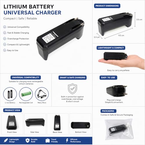 Image of Universal Lithium Battery Charger, Li-on Battery Charger 18650 /16340 /14500,LED Indicator, Portable Design