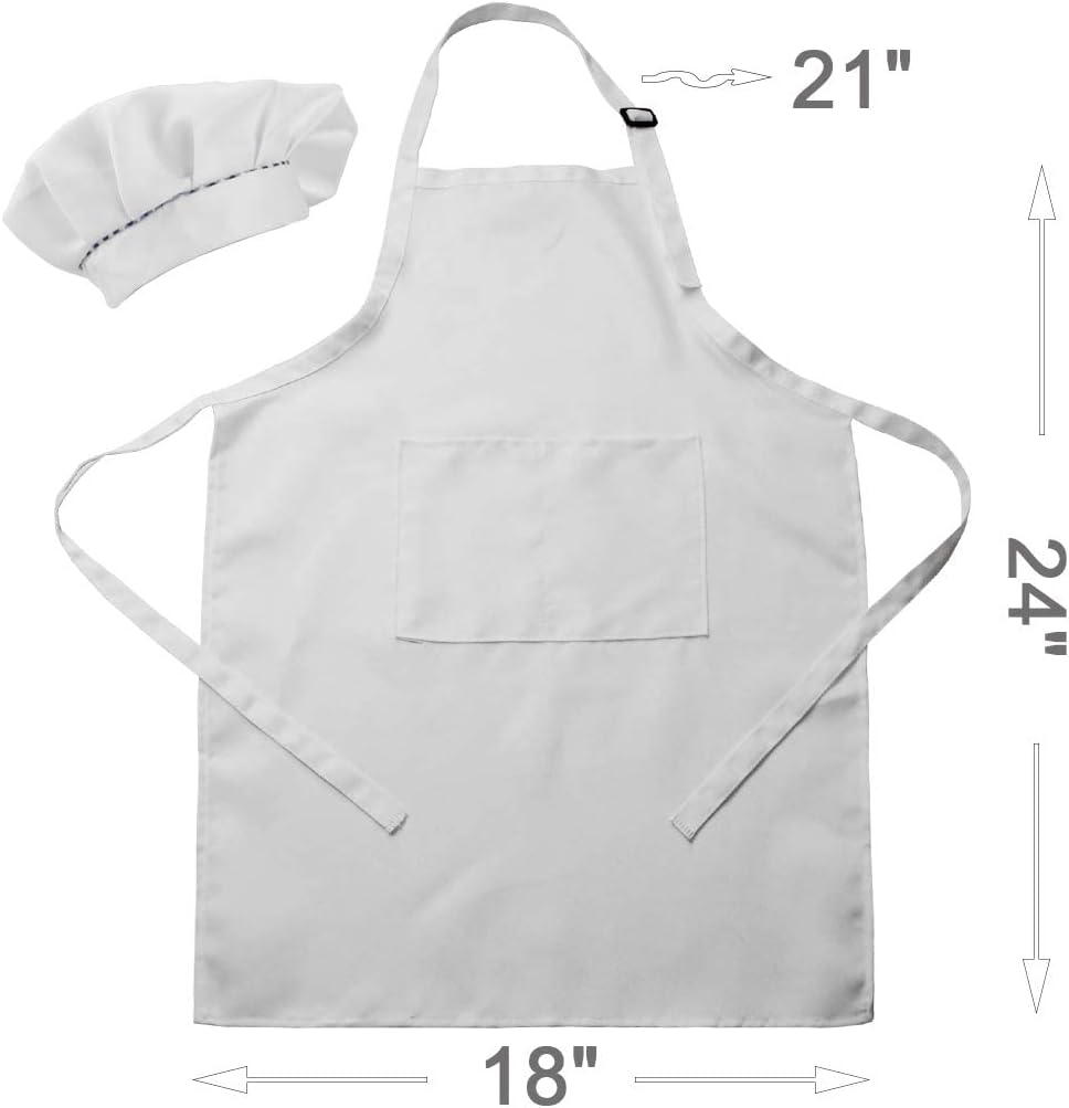 5 Pack White Kids Chef Hat and Apron-Children Cooking Kitchen Paint Chef Craft Baking Aprons for Kids Children Girls Boys 5-12 Adges(White,One Size,5sets)…