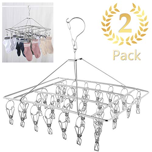 DODUOS 2 pcs Tendedero Calcetines de Acero Inoxidable Tendedero con 30 Pinzas para Colgar Ropa Colgador con Pinzas para Calcetines, Ropa Interior y Toallas