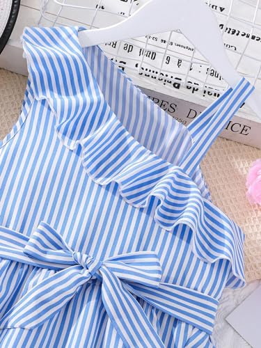 OYOANGLE Girl's Dress Striped Ruffle Trim Bow Front Asymmetrical Neck Sleeveless A Line Summer Midi Dresses3