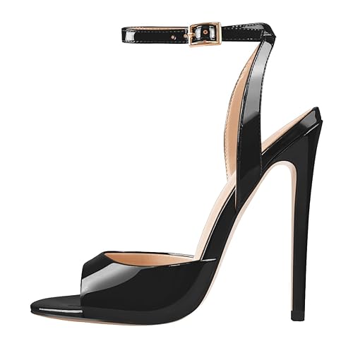onlymaker Women’s Patent Leather Peep Toe Stiletto High Heel Sandals Ankle Strap Buckle Slingback Dress Shoes for Summer Party & Evening - 14 - Black