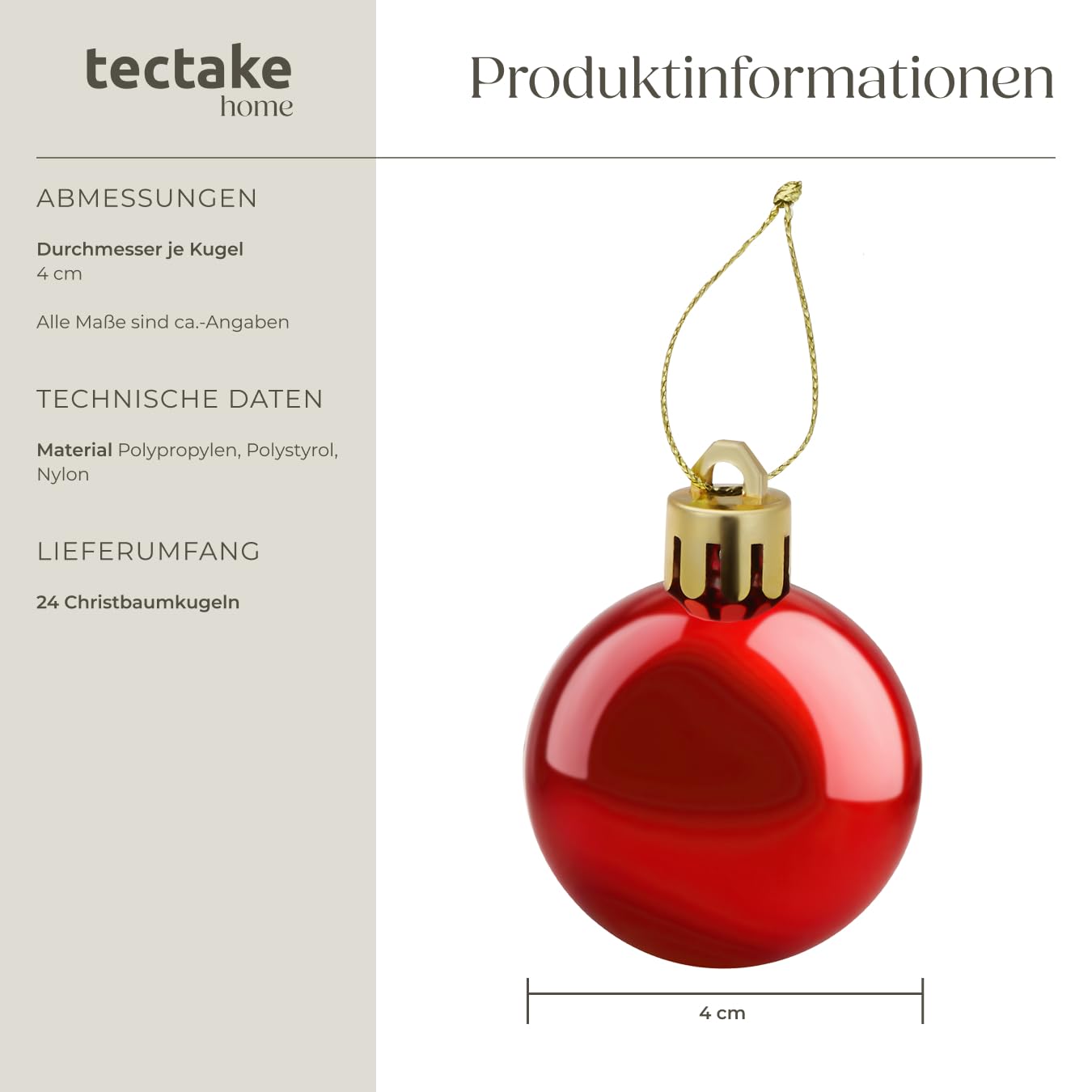 tectake® 24er Set bruchsichere Weihnachtskugeln Skandi Style, Baumschmuck, Christbaumkugeln rot Plastik, mit Matter, glänzender und glitzernder Oberfläche, inkl. Weihnachtskugel-Aufhänger