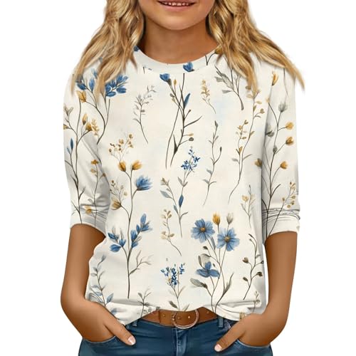 Teen Girl Tops 3/4 Sleeve Crew Neck Girl Shirts Fall Winter Pullover Tops Floral Print Cute Clothes 5-16 Years