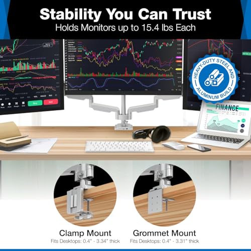 Image of Mount-It! Triple Monitor Mount with Gas Spring Arms, Fits 24-32 Inch Screens, USB & Audio Ports, Full Motion Desk Stand with Tilt, Swivel & Rotation, Heavy Duty Silver 3 Screen Arm with Clamp