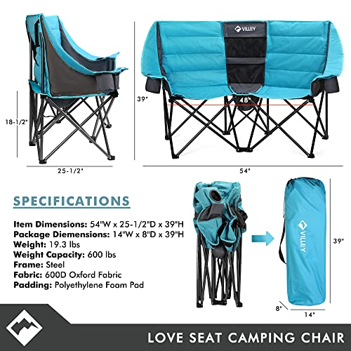 Villey Double Camping Chair W/Cooler Bag, Extra Wide Loveseat, Heavy Duty Padded Camping Couch, Portable Folding Chair W/Carry Bag Steel Frame Cup Holders For Camp Lawn Picnic Sports, Support 600Lbs #TOP5