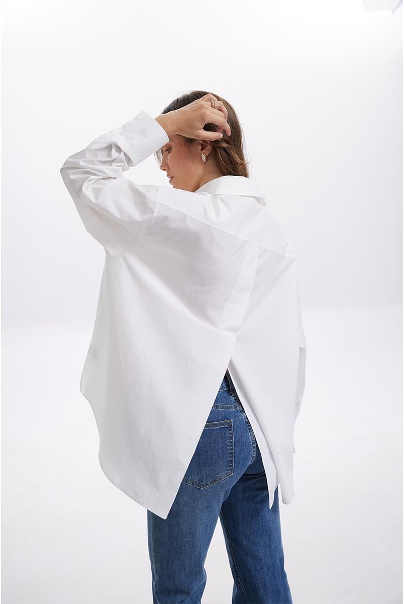 J.Corrine Women White Button Down Shirt Long Sleeve Oversized Casual Lyocell Dress Shirt Blouse Shacket Cotton Side Back Slit