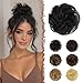FESHFEN 100% Human Hair Scrunchies (1B Natural Black) Curly Messy Hair Bun Extensions Wedding Hair Pieces for Women Kids Hair Updo Donut Chignons