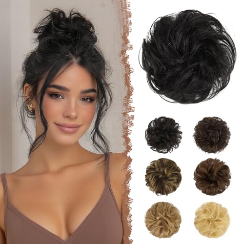 FESHFEN Moños Postizos Pelo Natural - 100% Cabello Humano Ondulado Moño Postizo Despeinado Coletero Extensiones para Mujer, Negro Natural