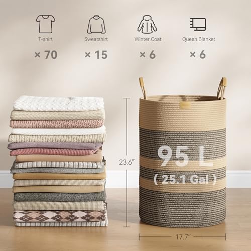 Nunsino 95L Striped Laundry Hamper with Leather Handles,Large Foldable Laundry Basket for Clothes,Cotton Rope Storage Bin for Blankets,Woven Clothes Basket for Bedroom,Dark Brown Stripes by Nunsino - Image 4