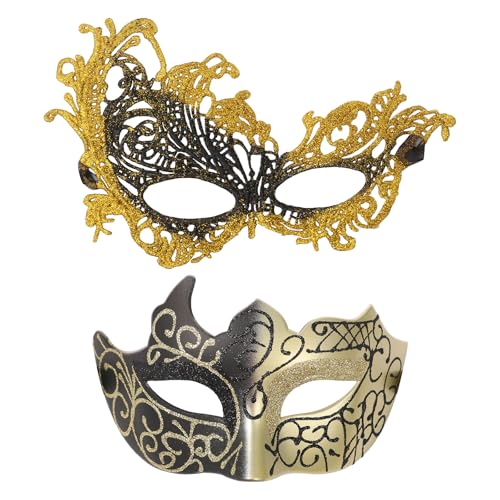 Aroncent Maskenball Maske Paar Set: 2 Stück Gothic Spitzenmaske Venezianische Augenmaske für Partner Elegante Halbmaske Faschingsmaske für Halloween Karneval Hochzeit Fasching Mottoparty Gold