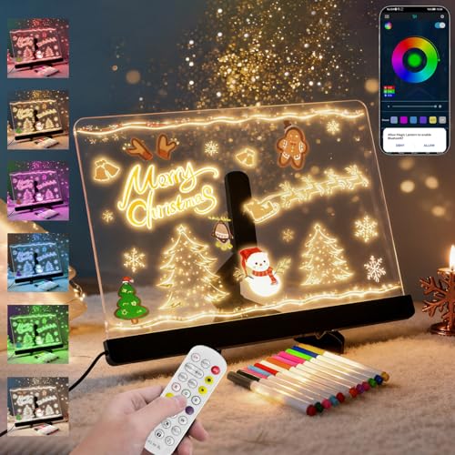 LED Note Board with Colors,14''x10'' Acrylic Led Drawing Board with 12 Markers,Dry Erase Boards Music Sync&Flash Modes,Dimmable Brightness for Cafe/Bar/Home/Party Deco