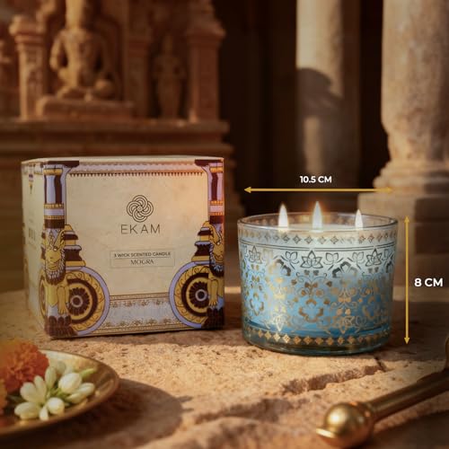 Image of EKAM 2025-26 Festive Fragrance Gift| Scented 3 Wick Candle| Mogra | Inspired by Stone Palace | 28-Hour Burn | Essential Oil Infused | Gift Box for Festive Celebrations, Weddings, Giveaways, etc.