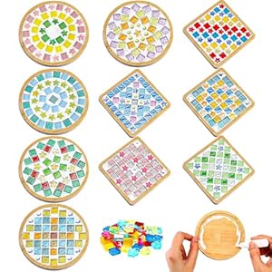 10 Sets DIY Mosaic Coaster Kit, Glass Tiles Coasters for Crafts, Mixed Color Mosaic Set with Wooden Coasters for Kid Adults, Drinking Cup Coaster Making Kit for Handmade Home Decor Gifts