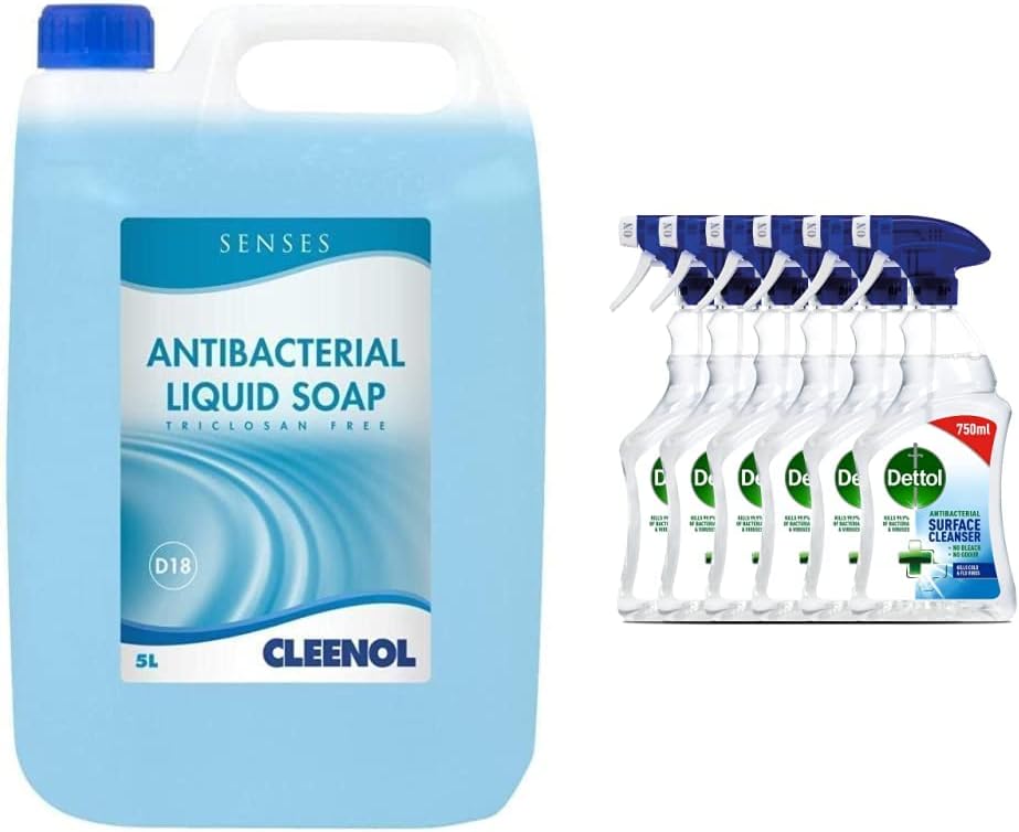 Cleenol Senses Antibacterial Liquid Soap, Blue, 5 Litres, Packaging May Vary & Dettol Antibacterial Trigger 750ml x6