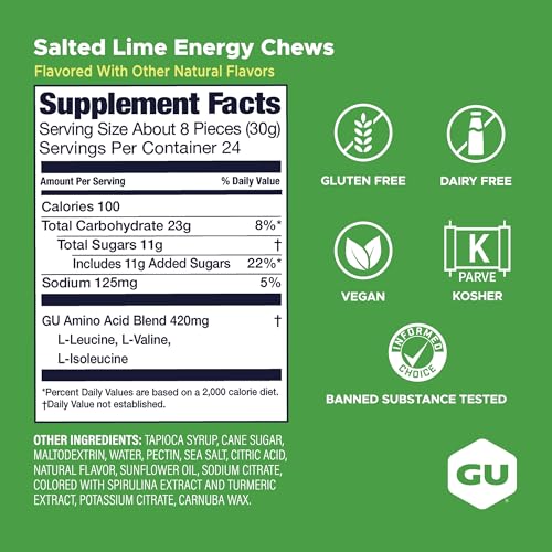 Image of GU Energy Chews, Salted Lime Energy Gummies with Electrolytes, Vegan, Gluten-Free, Kosher, Caffeine-Free, and Dairy-Free On-the-Go Energy for Any Workout, 12 Bags (24 Servings Total)