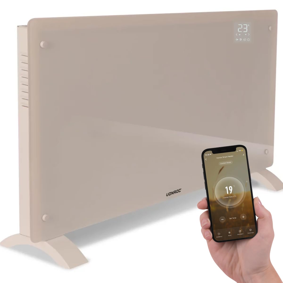 VONROC Calefactor Convector 2500 con Control Inteligente WiFi Beige | vidrio templado y aluminio, control mediante app Tuya Smart Life