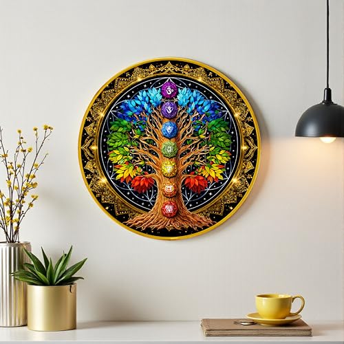Image of Chakra Tree of Life Round Wall Art Painting With Frame For Living Room | 7 Chakra Vastu Decor Framed Painting | Spiritual Round Wall Hanging for Home, Meditation Room & Gifting, 12 Inch