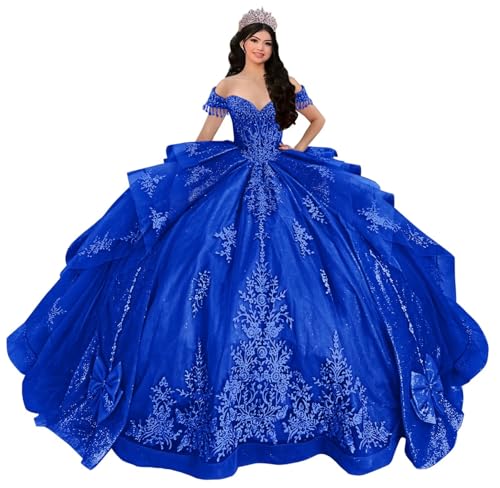 Mauuwy Off Shoulder Quinceanera Dresses Layered XV Sweet 16 Dresses with Tassels Beaded Vestidos De 15 Años with Bow
