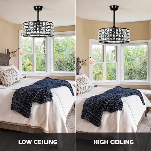 DWVO 18" Crystal Caged Ceiling Fans with Lights Enclosed Modern Ceiling Fan with Remote Control Reversible Industrial Fandelier Chandelier 3 Speeds,3 Color Temperatures for Bedroom, Indoor (Black)