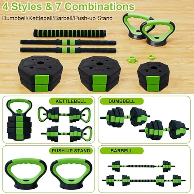 Adjustable Dumbbell Set, 4 in 1 Free Weights Dumbbells Set with Connector, Barbell Weight Set Used As Kettlebells, Barbell, Push Up Stand, Fitness Exercise for Home Gym Suitable Men/Women