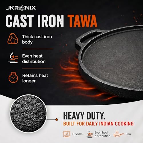 Image of Pre-Seasoned Cast Iron Dosa Tawa with Handle, 2-in-1 Reversible Grill Pan 30 cm, Naturally Non-Stick Cookware for Roti, Chapati, Chilla & Uttapam, Heavy Duty Griddle, Double Sided Cookware