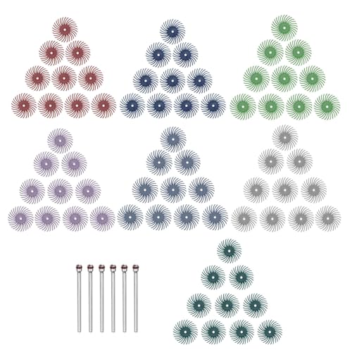 Image of HARFINGTON 60pcs Radial Bristle Disc Set 1 inch 80-1000 Grit Detail Abrasive Brush Kit Gap Polishing Wheel Assortment with 6pcs 1 /8 inch Shank Mandrels for Jewelry Wood Metal Polishing Cleaning