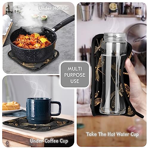 Golden Dragonflies Oven Mitts And Pot Holders Set 10.6 Inch Long Oven Mits Mittens Heat Resistant Potholders Oven Gloves Hot Pad For Baking Cooking Kitchen Grilling Bbq Gifts 4 Piece Set #TOP5
