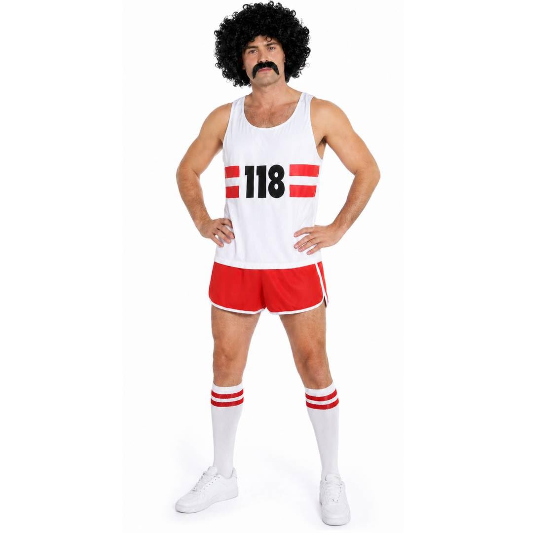 Mens Marathon Man Costume - Large - White Vest with Red Stripes and Black 118 Print and Red and White Shorts - Adults Fun Run Novelty Charity Fancy Dress Costume