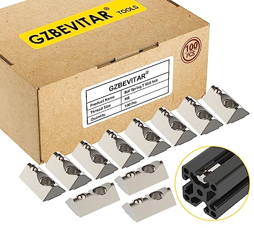 GZBEVITAR Ball Spring T Slot Nut, 4040 Series M8 Ball Loaded Elastic T Nut - 100Pcs, Roll in for 4040 Series Aluminum Extrusion Profile Fits 8mm T Slot Width, Slot Depth 7.8mm to 8.3mm (100 Pcs)