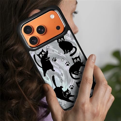 Coque iPhone 17 Pro MagSafe transparente à paillettes avec motif chat noir mignon pour femmes