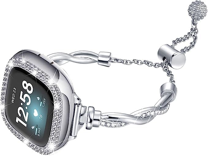 Correa brillante compatible con Fitbit Versa 4Sense, Fitbit Versa 3Sense 2, pulsera de metal de doble giro con diamantes de imitación para Fitbit