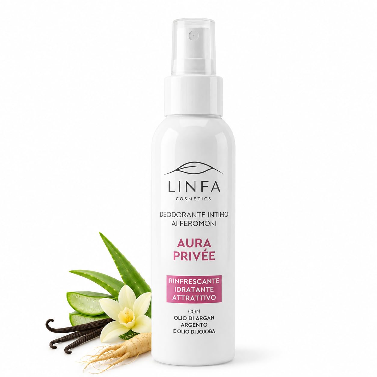 Linfa Cosmetics Aura Privée Deodorante Intimo ai Feromoni, Spray Donna con Profumo Vaniglia, Aloe, Ginseng, Guaranà e Bisabololo, Freschezza Anti Odore per Zone Intime Esterne, 100 ml