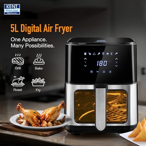 KENT Digital Air Fryer 5L | 1400W | Bake, Grill & Roast | Up to 80% Less Oil Usage | 8 Preset Menu | Rapid Heat Circulation | Digital Display & Touch Control Panel | Glass Window with in built Light view 2