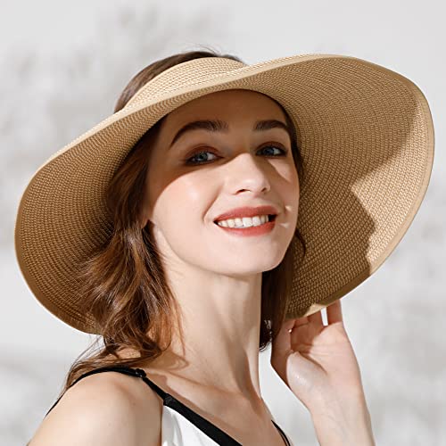 Womens Wide Brim Sun Hat Women Sun Protection Packable Roll Up Straw Sun Visor Hat For Women Summer Sun Hat For Women Foldable Beige/Brown #TOP2