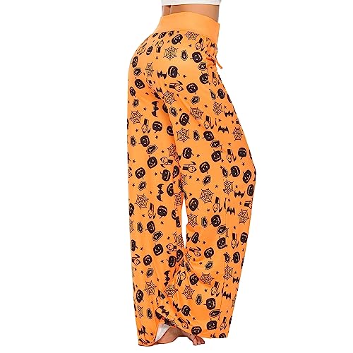 Calça de pijama feminina de Halloween, ajuste solto, estampada, abóboras, fantasma, com cordão, calç