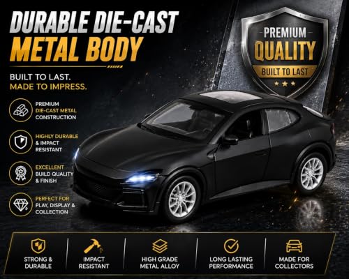 Image of TEC TAVAKKAL 1:36 Scale Diecast Metal Toy Car with Openable Doors, Pull-Back Action, LED Lights & Music - Premium Mini Sports Car Model for Kids & Collectors (Porsche Black)