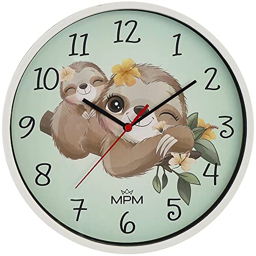 MPM Quality Design - Reloj de Pared Infantil de plástico, Color Blanco/Verde, diseño de Perezoso, Movimiento de Cuarzo, decoración Moderna de Pared, Reloj Redondo para niños,