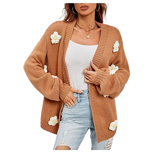 Cardigans for Women Floral Applique Lantern Sleeve Open Front Cropped