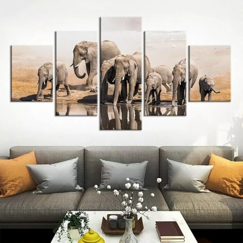 Tableau imprimé sur toile éléphants d'Afrique 5 pièces 100x55cm