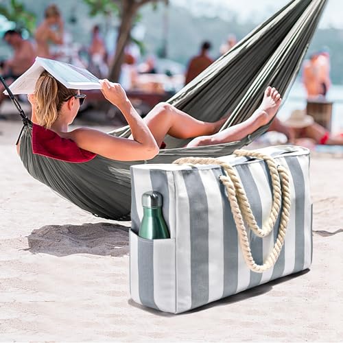 Image of Becokan Women's Pool Swim Bag - Waterproof Sandproof Large Stripe Beach Tote with Zipper