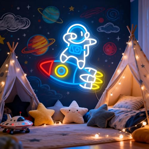 Image of Astronauts & Rockets Neon Sign, Dimmable Spaceman LED Neon Light for Wall Decor Space Room Decor for Gifts for Teen Kids, Man Cave,Game Room