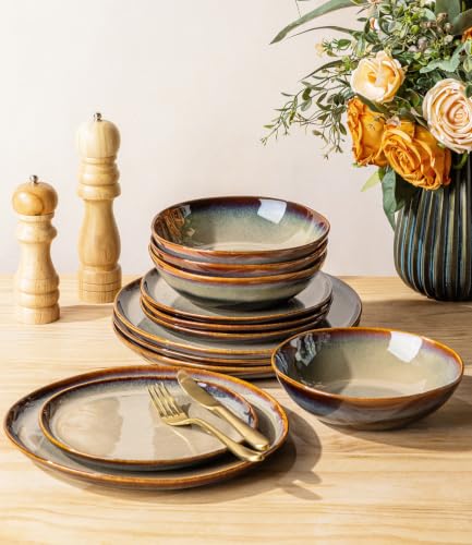 Image of Ceramic Dinnerware Set for 4, 12-Piece Plates and Bowls Set | Handmade Reactive Glaze Dish Set, Scratch Resistant, Oven & Microwave & Dishwasher Safe, Mocha Brown