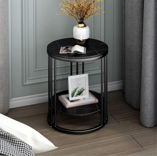 Image of 2 Tier Round Coffee Table with Black MDF Wood Top | Storage Shelf | Black Metal Frame | Centre Side End Bedside Table for Living Room Bedroom Balcony Office Home Decor Furniture